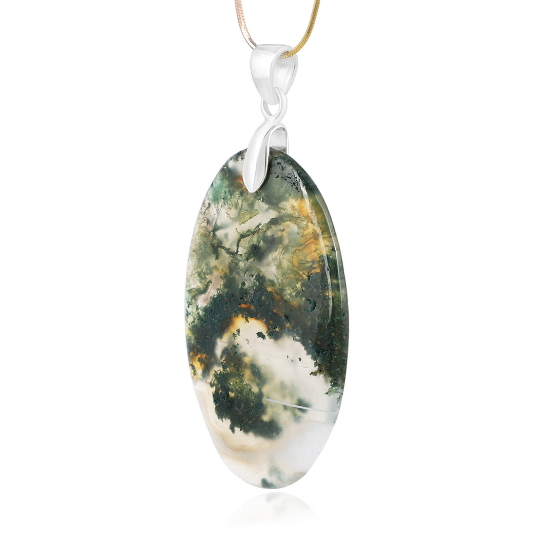 Moss Agate Oval Cabochon Silver Pendant