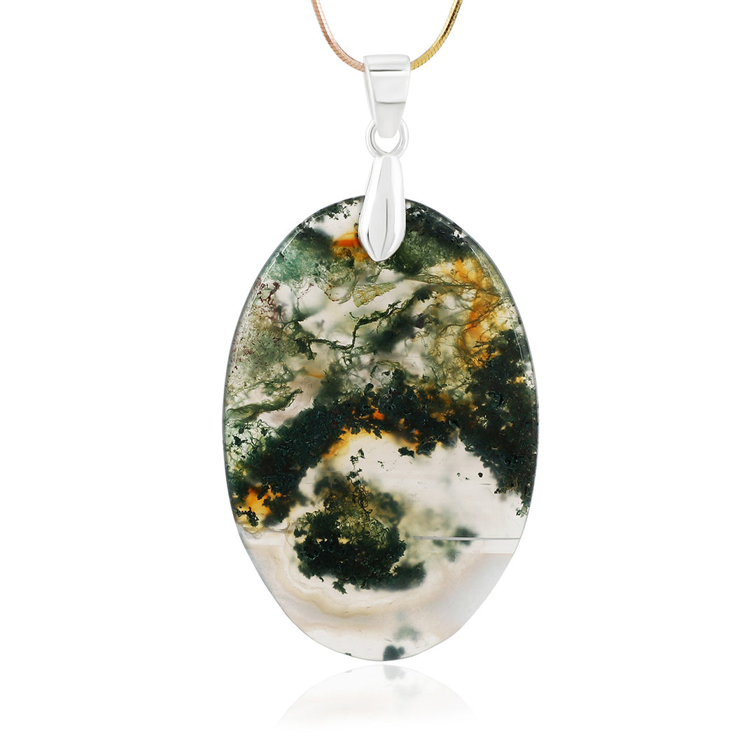 Moss Agate Oval Cabochon Silver Pendant