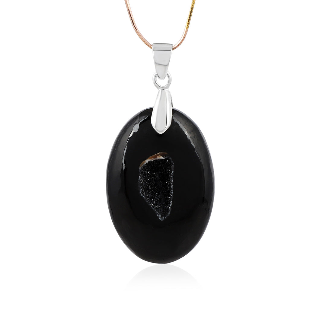 Black Druzy Oval Cabochon Silver Pendant