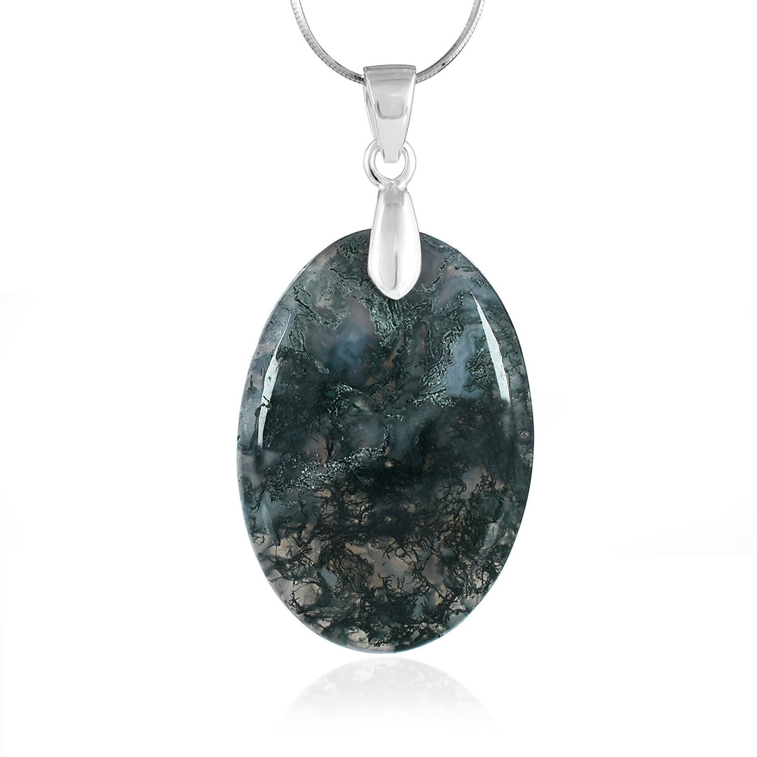 Moss Agate Oval Cabochon Silver Pendant