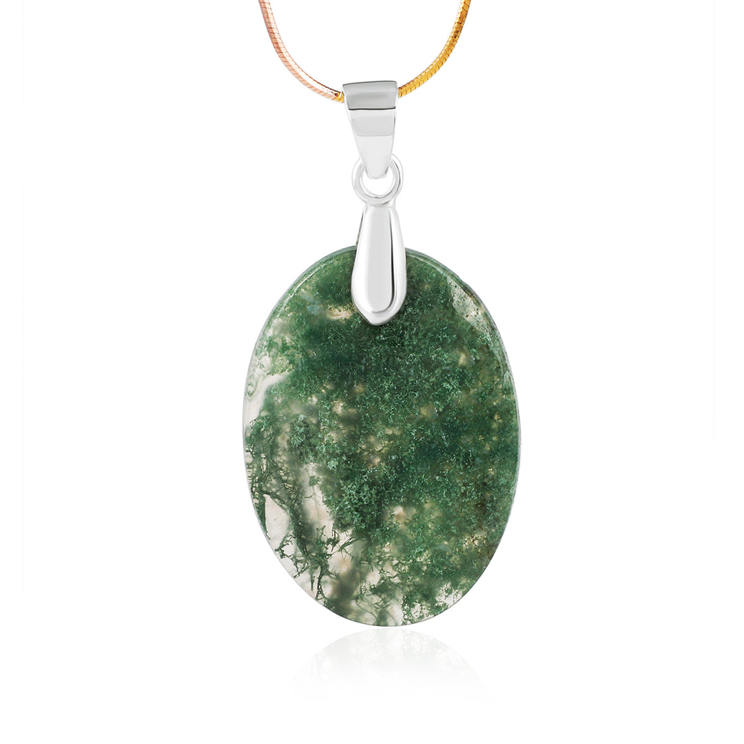 Moss Agate Oval Cabochon Silver Pendant