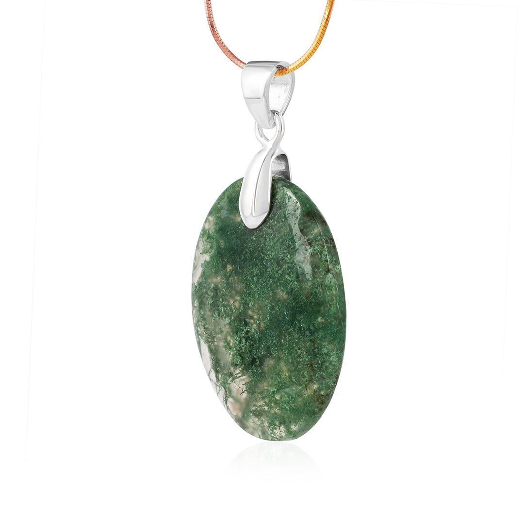 Moss Agate Oval Cabochon Silver Pendant