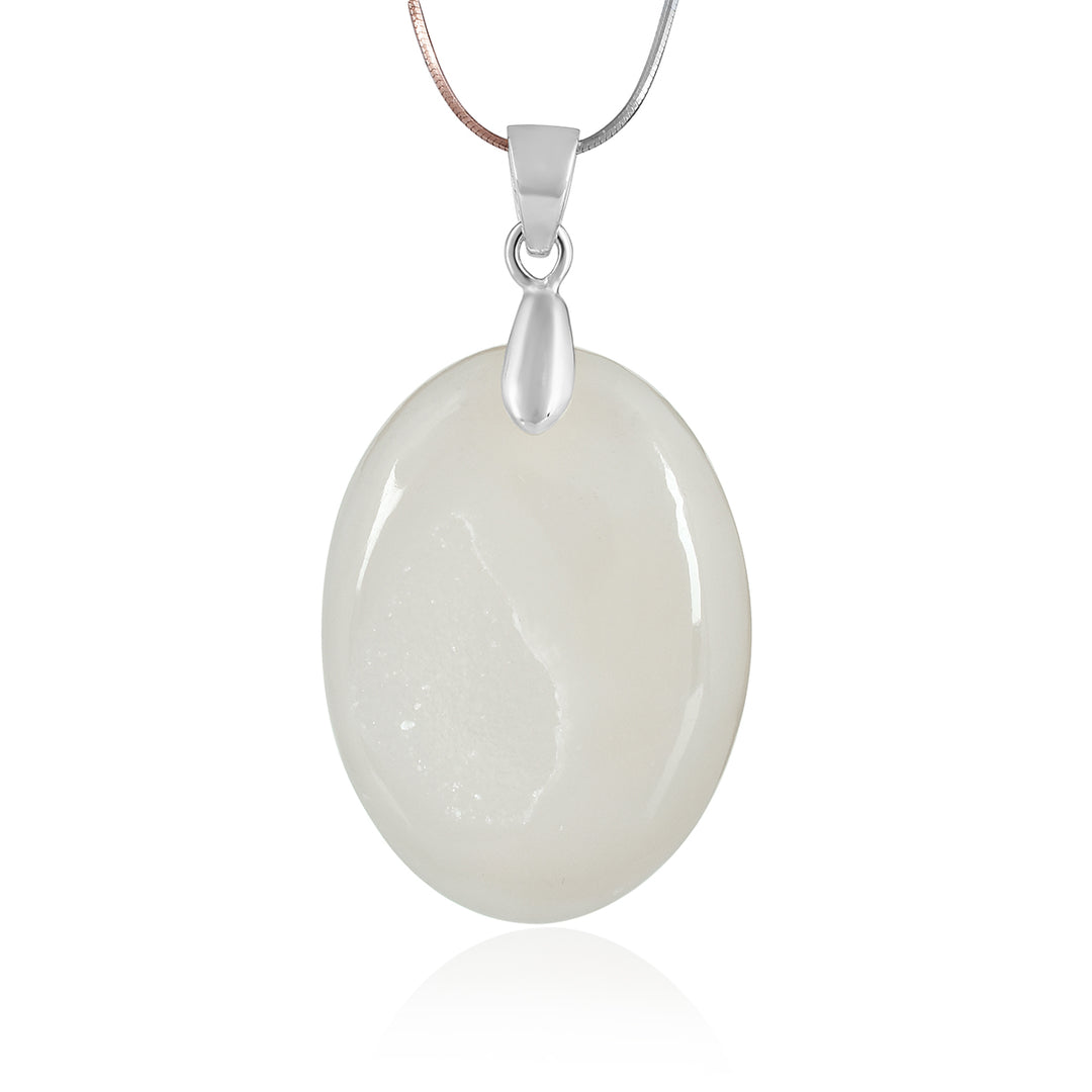 White Druzy Oval Cabochon Silver Pendant