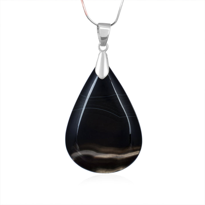 Black Banded Agate Pear Cabochon Silver Pendant