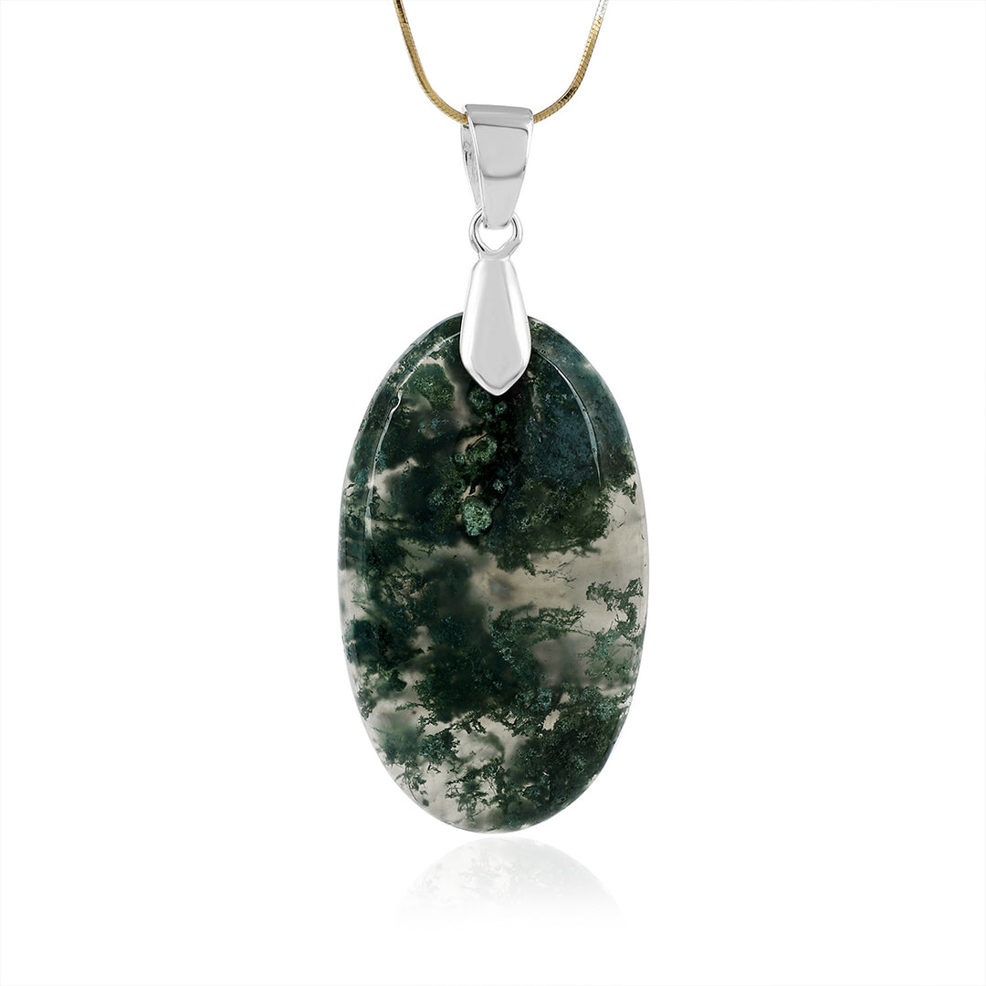 Moss Agate Oval Cabochon Silver Pendant