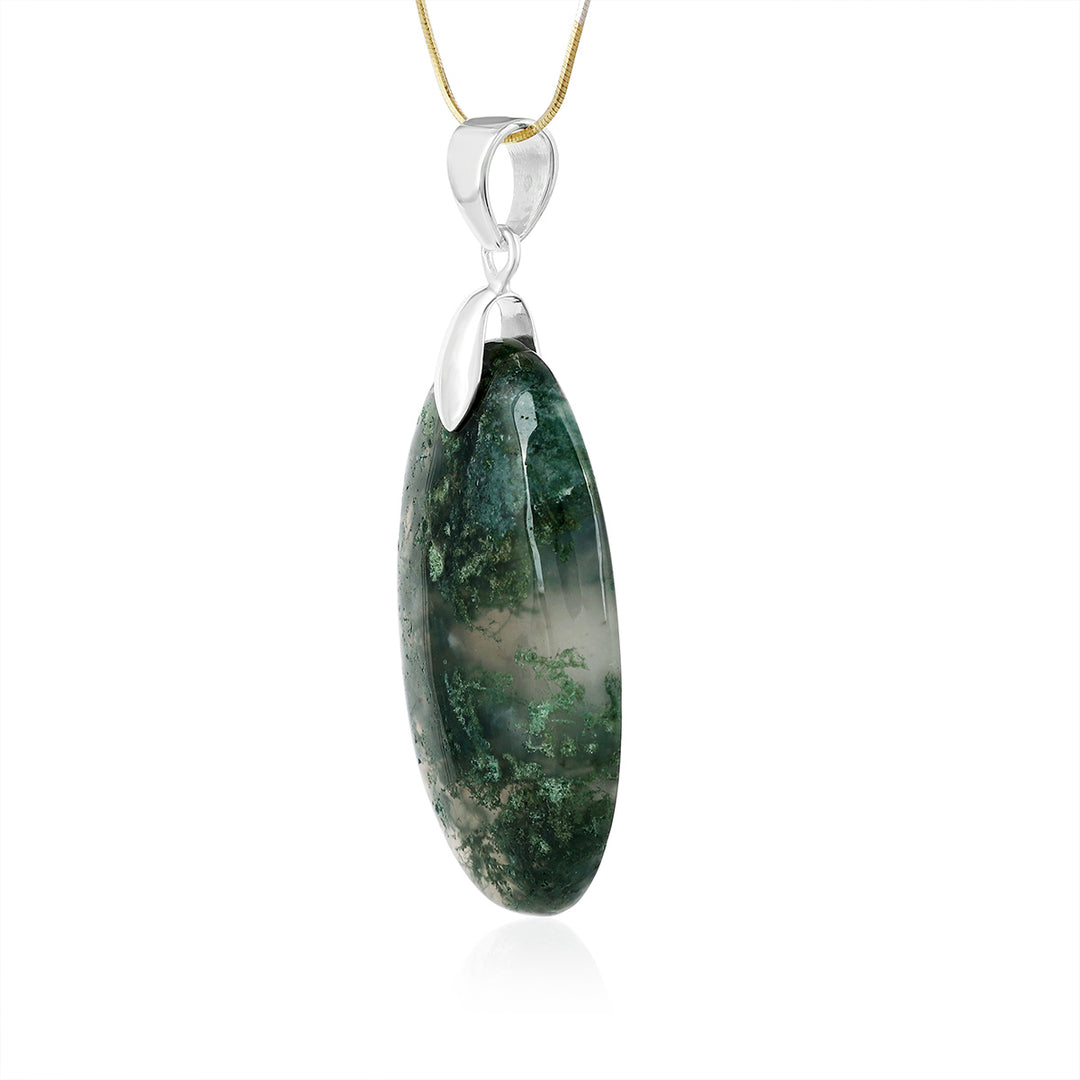 Moss Agate Oval Cabochon Silver Pendant