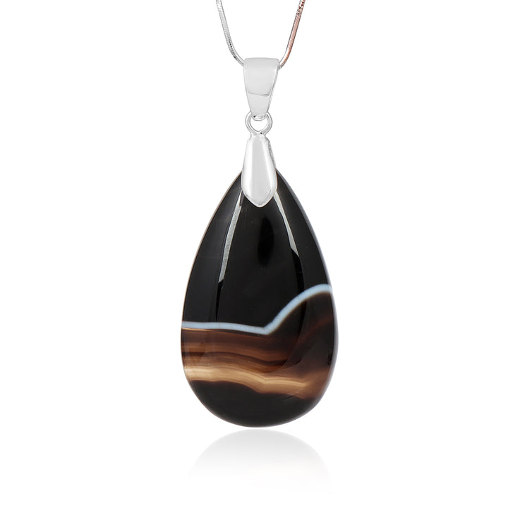 Black Banded Agate Pear Cabochon Silver Pendant