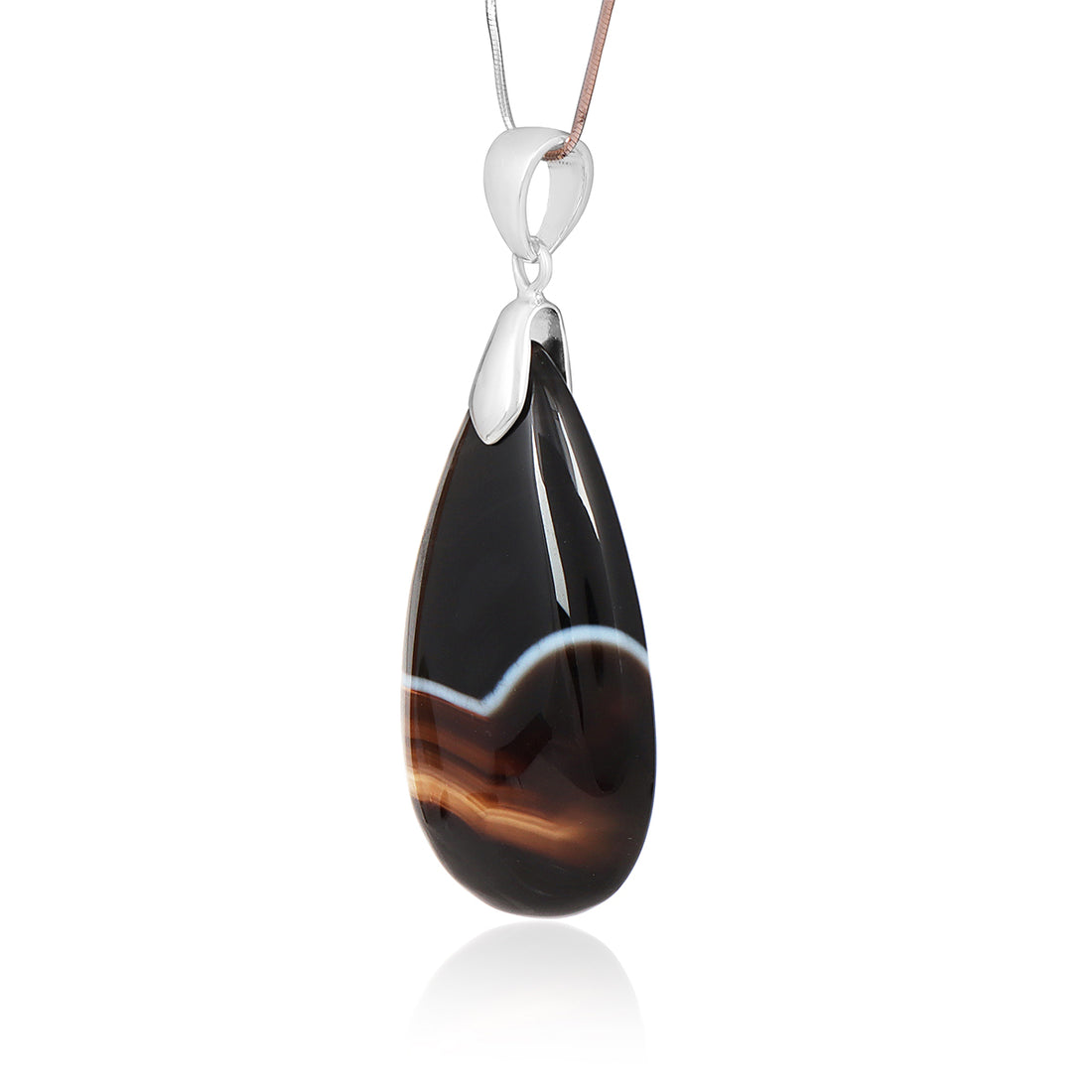 Black Banded Agate Pear Cabochon Silver Pendant