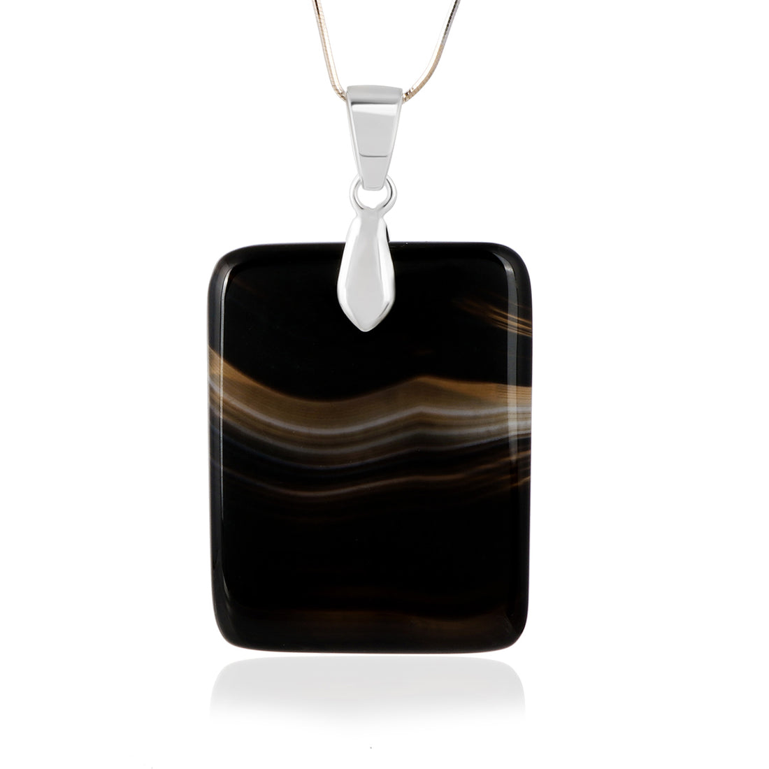 Black Banded Agate Rectangle Cabochon Silver Pendant