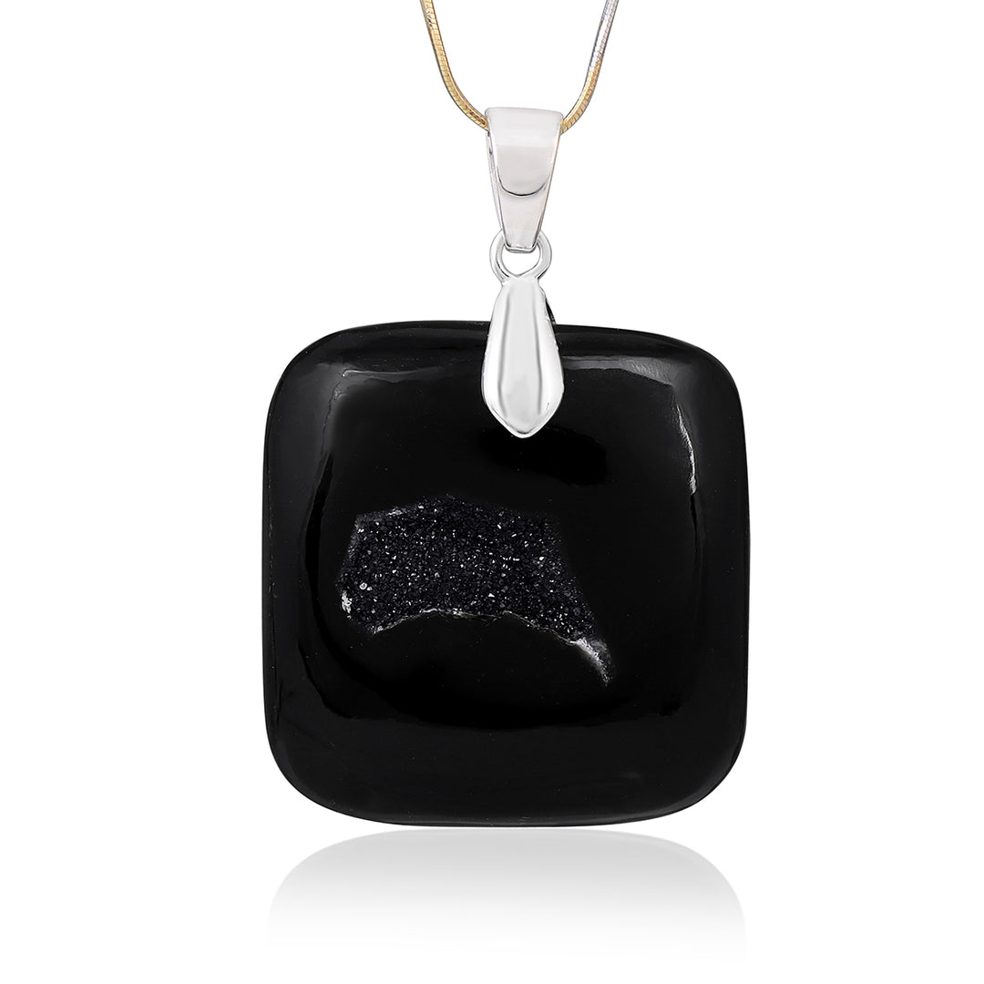 Black Druzy Square Cabochon Silver Pendant