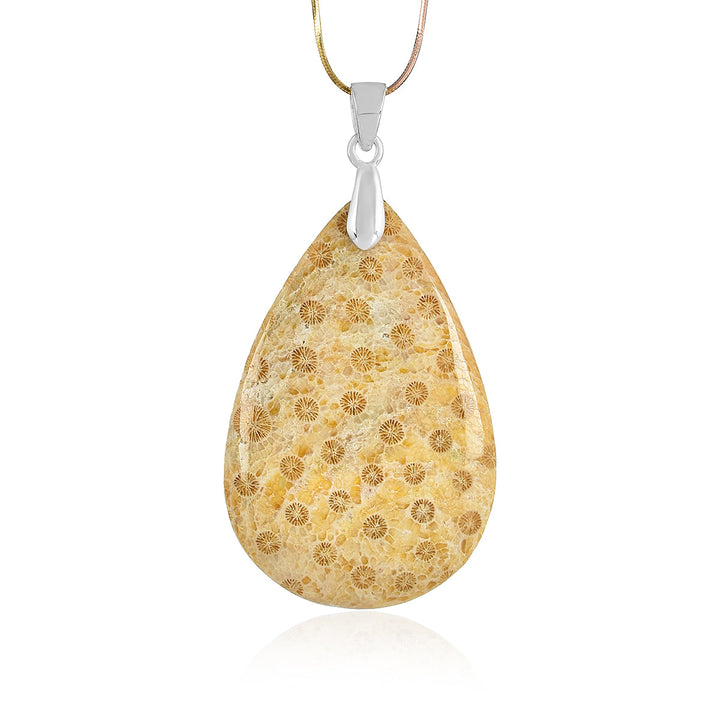 Fossil Coral Pear Cabochon Silver Pendant