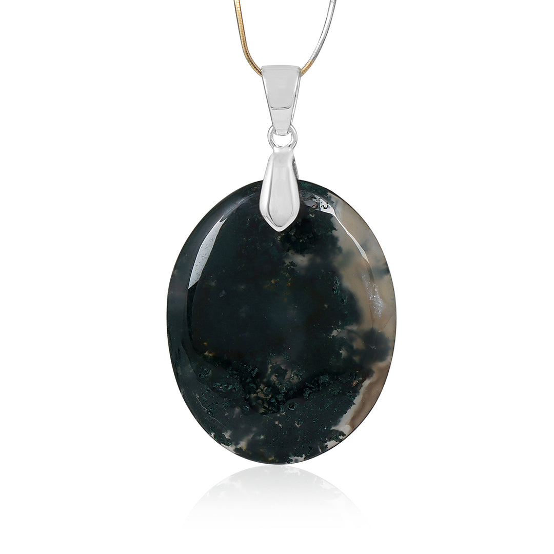 Moss Agate Oval Cabochon Silver Pendant