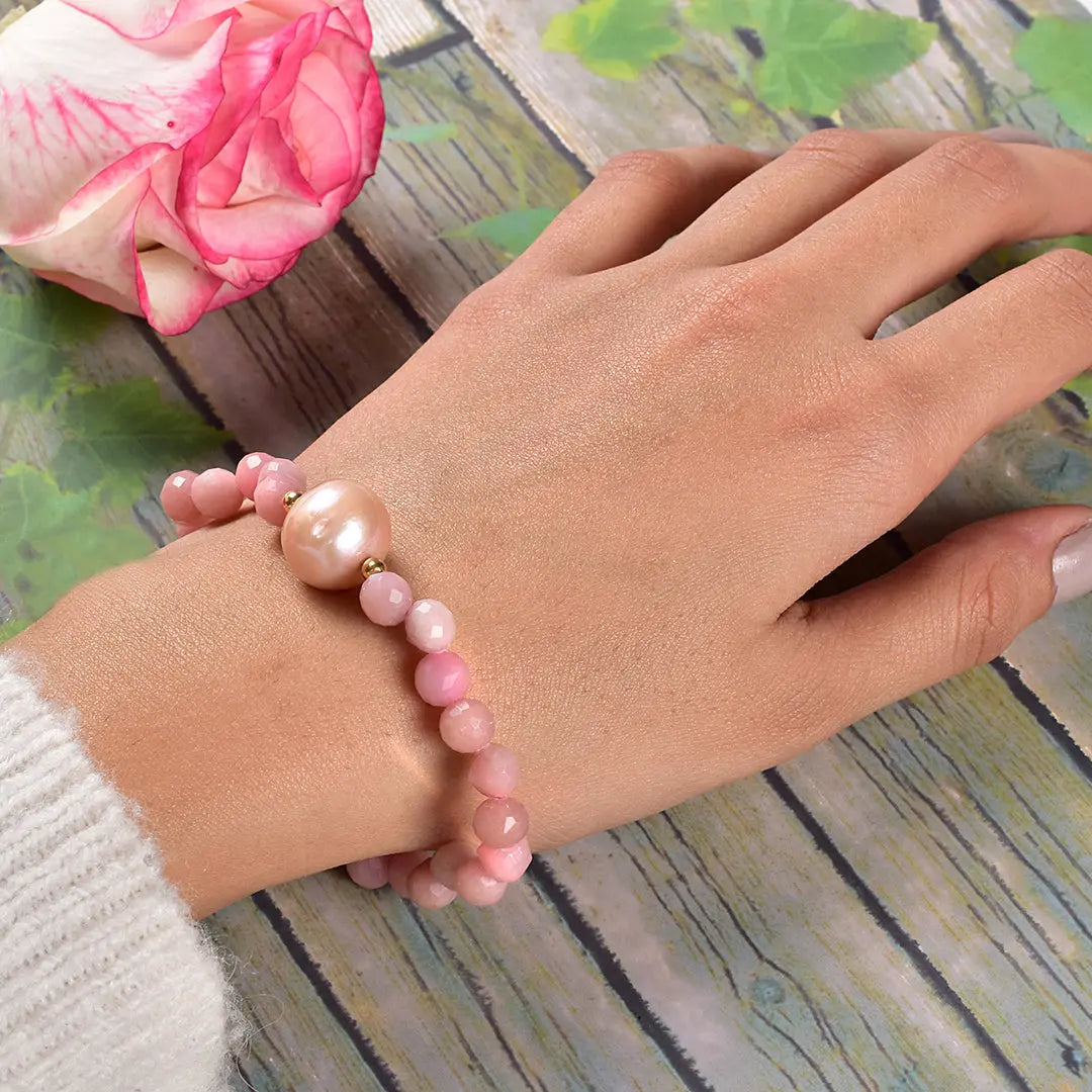 Pink Opal and Pearl Beads Stretch Bracelet