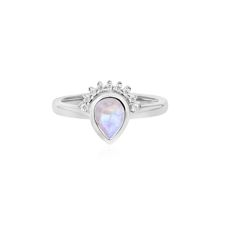 Rainbow Moonstone and Zircon Silver Ring