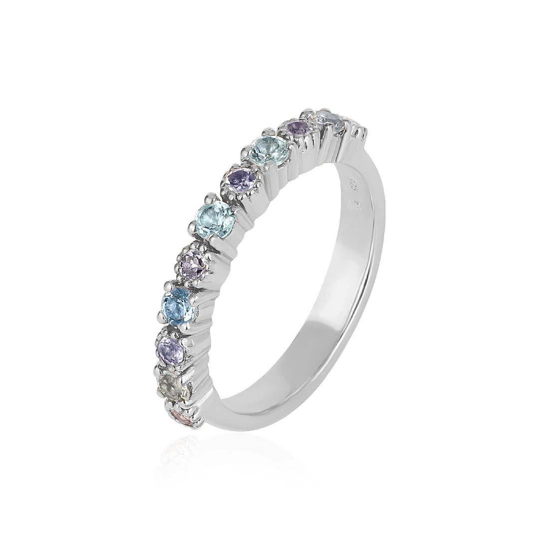 Aquamarine and Tanzanite Half Eternity Silver Ring