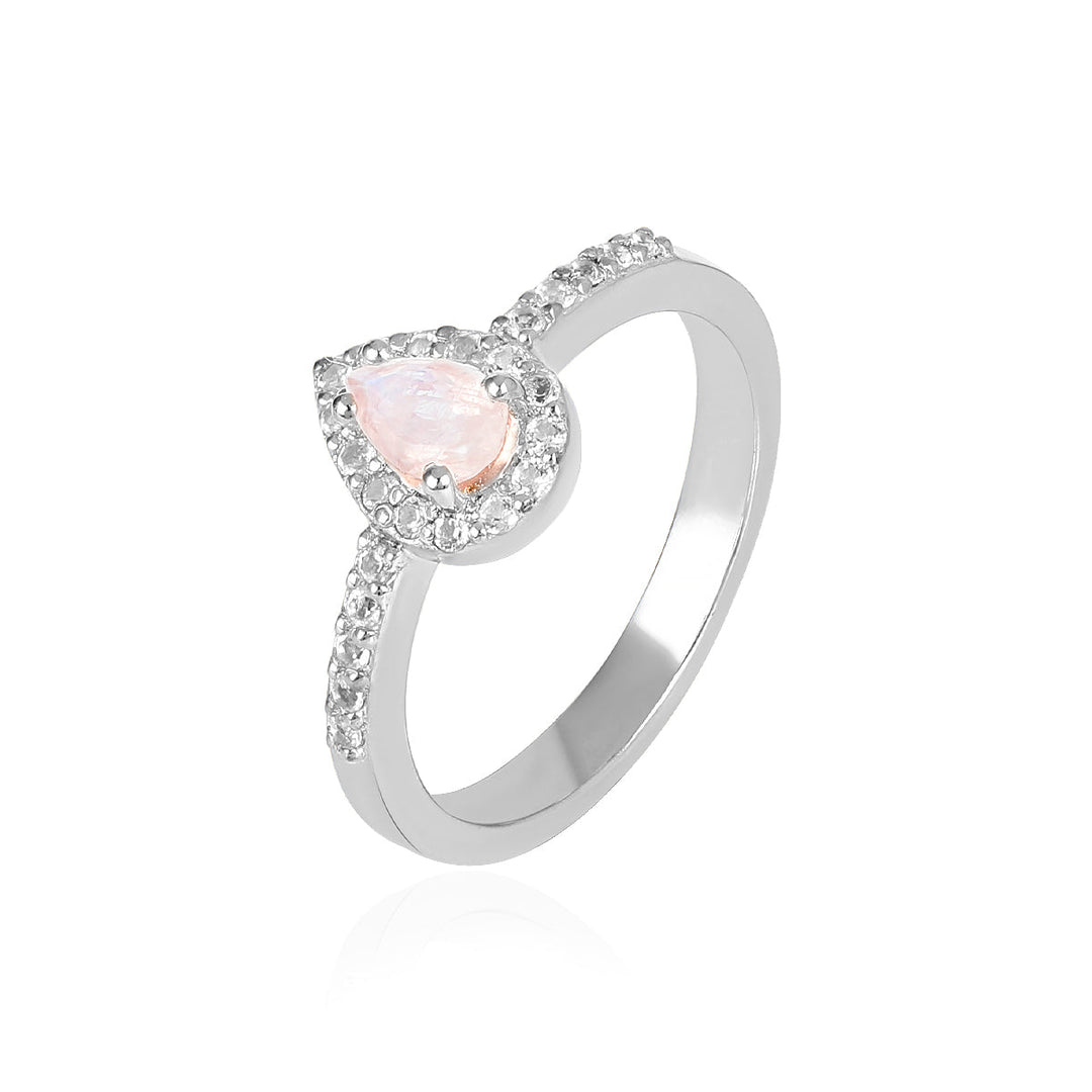 Rainbow Moonstone Halo Silver Ring