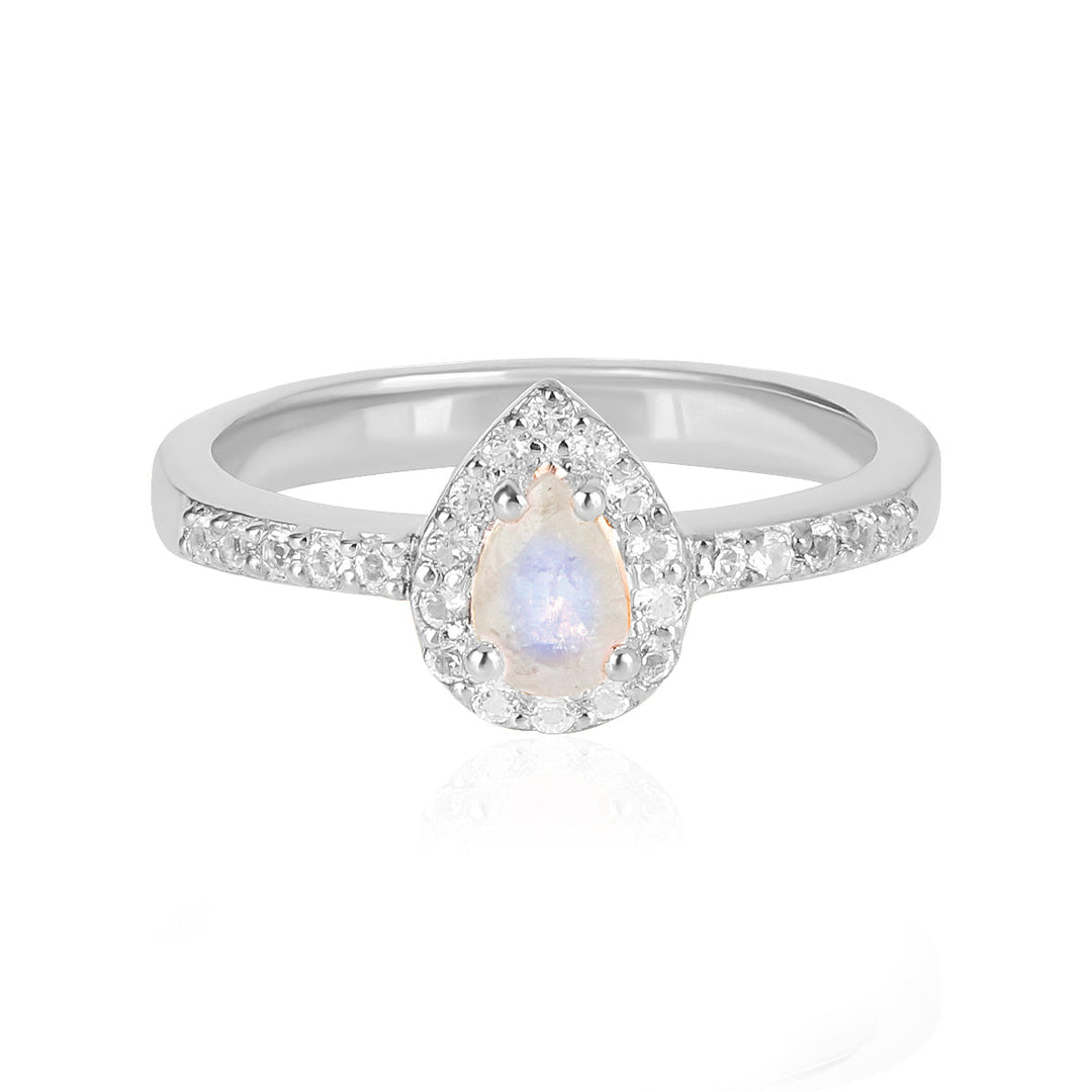 Rainbow Moonstone Halo Silver Ring