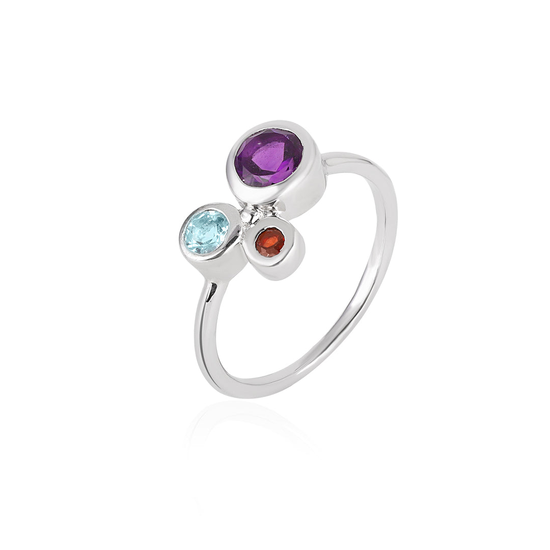 Amethyst, Blue Topaz & Garnet Silver Ring