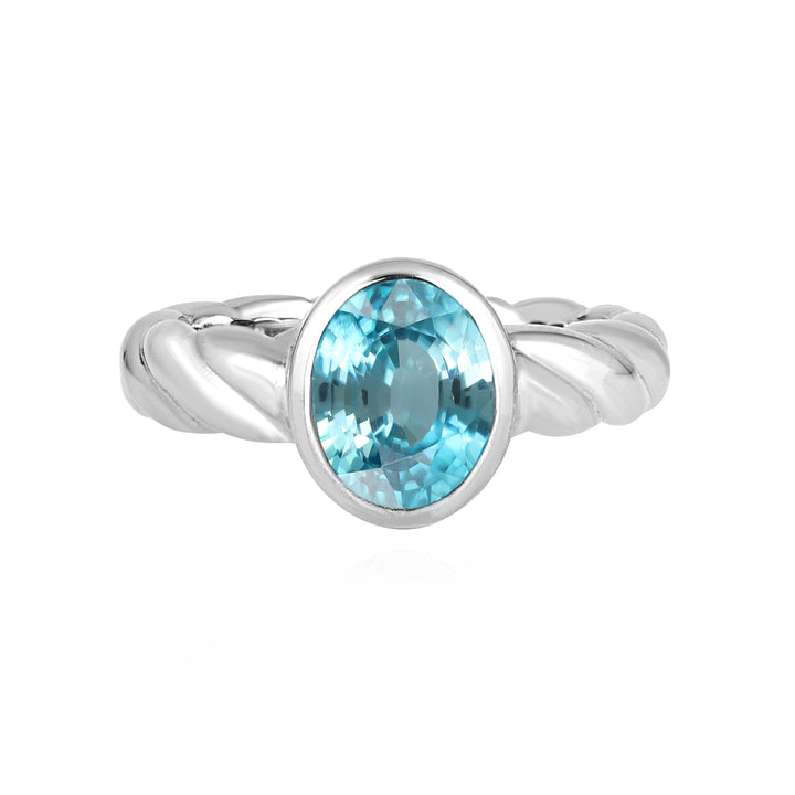 Blue Zircon Oval Solitaire Silver Ring