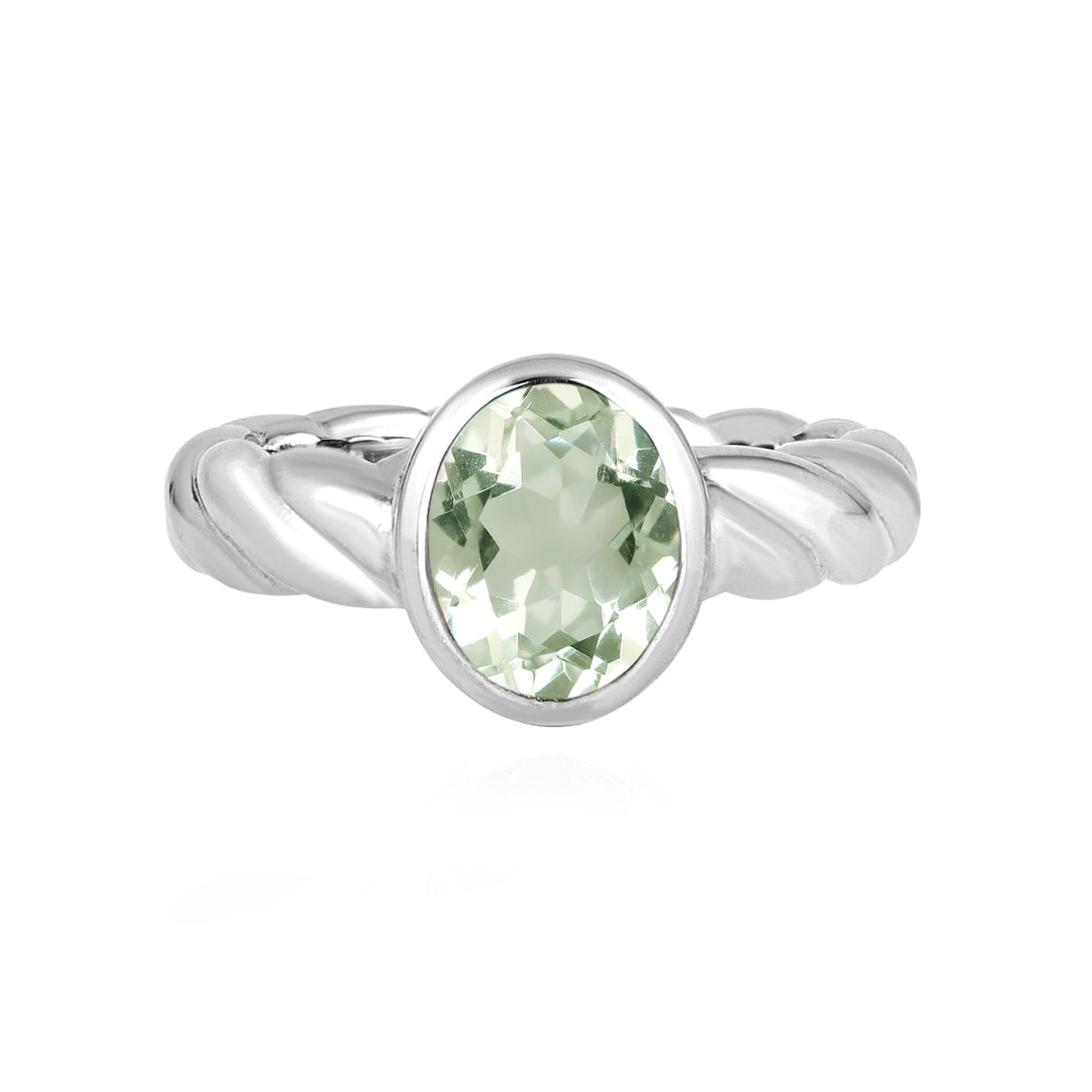 Green Amethyst Oval Solitaire Silver Ring