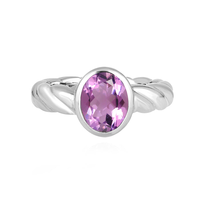 Pink Amethyst Oval Solitaire Silver Ring