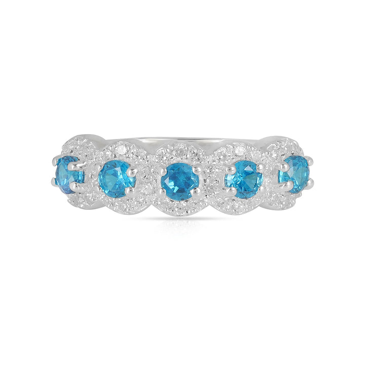 Five Gemstone Blue Crystal Quartz CZ Silver Ring