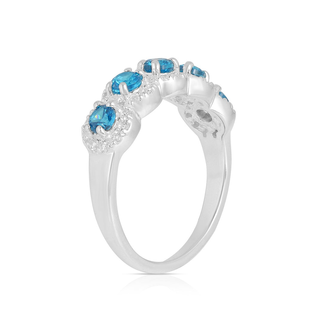 Five Gemstone Blue Crystal Quartz CZ Silver Ring