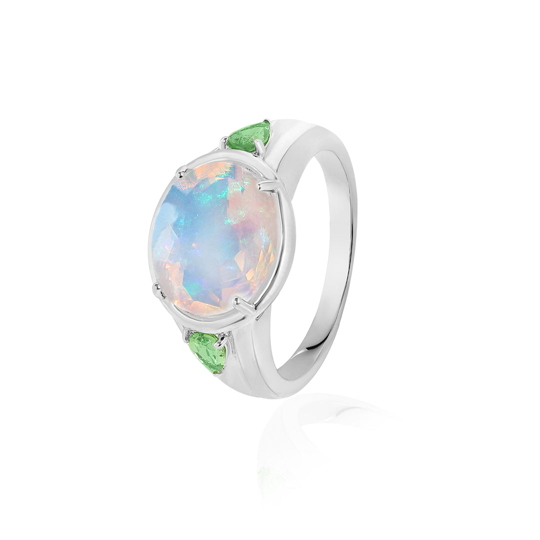 Ethiopian Opal and Tsavorite Silver Ring