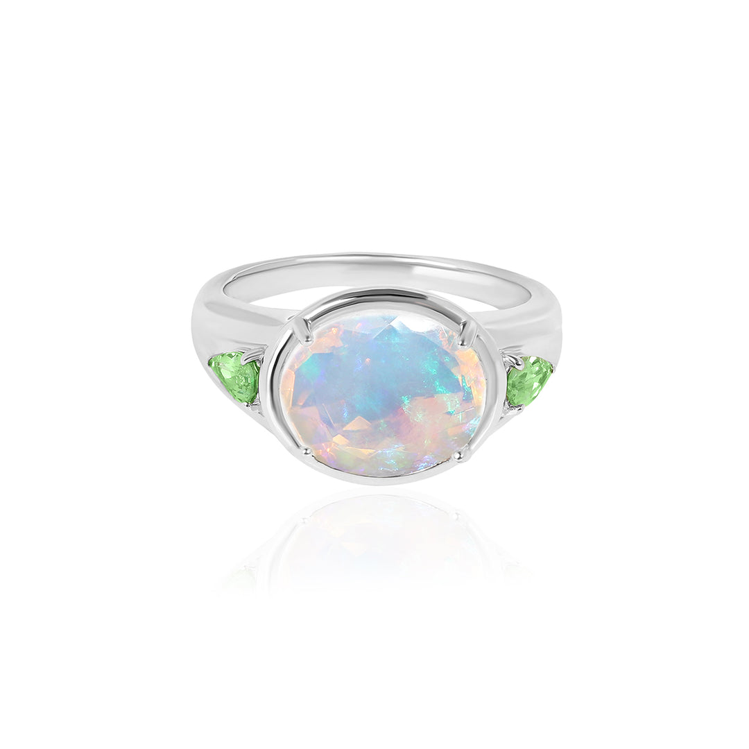 Ethiopian Opal and Tsavorite Silver Ring