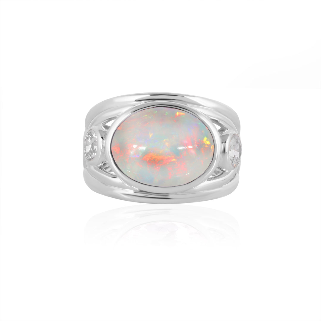 Ethiopian Opal and White Zircon Silver Ring