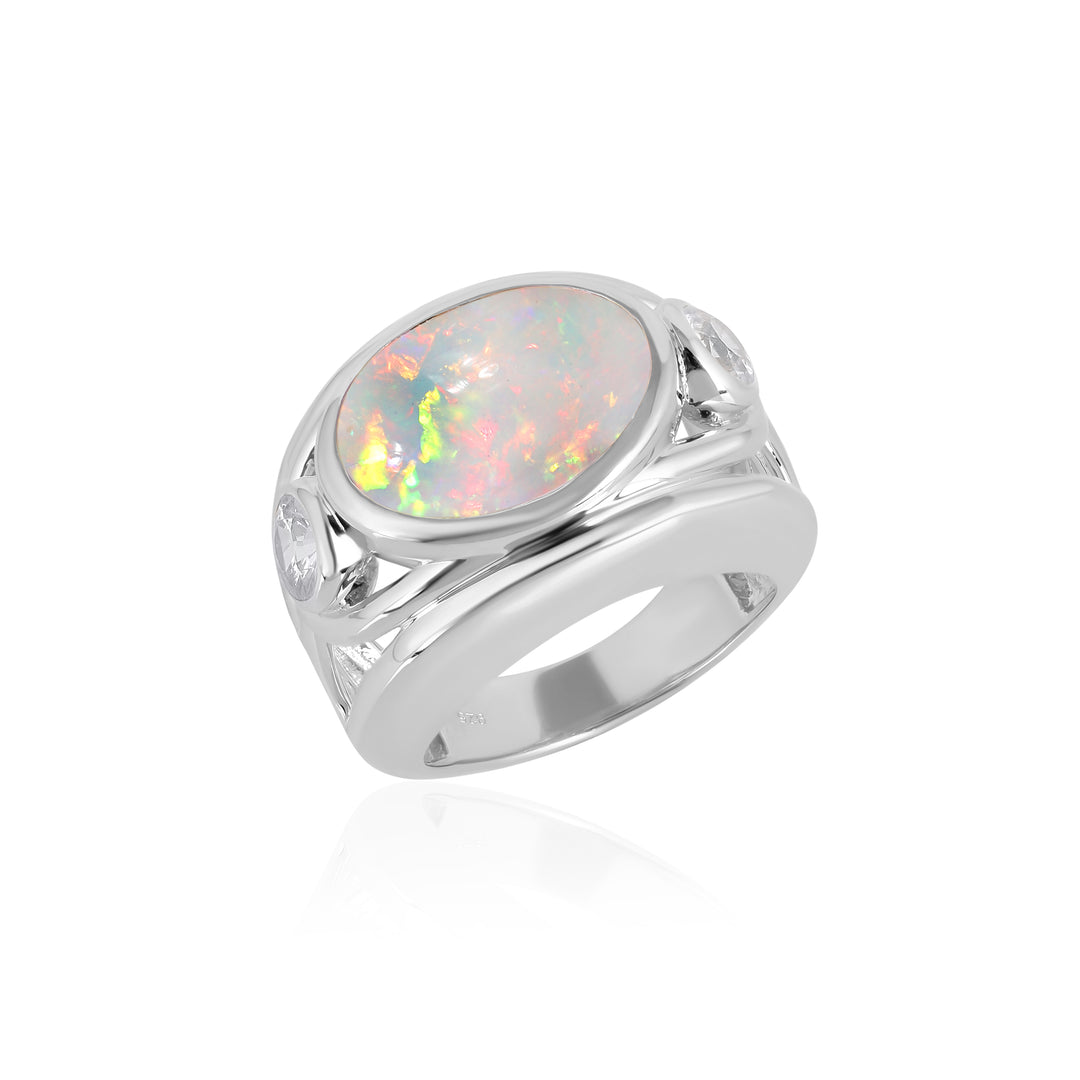 Ethiopian Opal and White Zircon Silver Ring