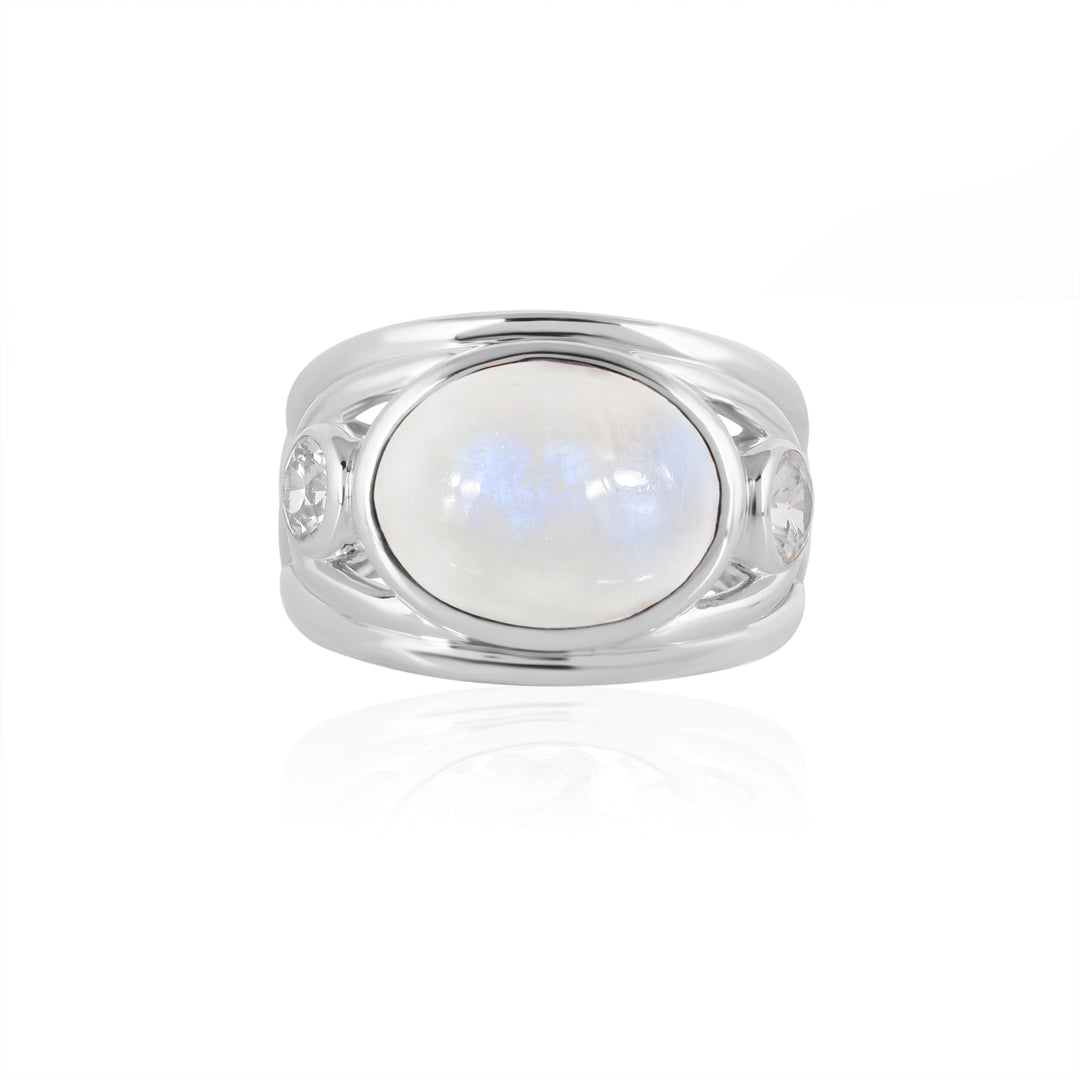 Rainbow Moonstone and White Zircon Silver Ring