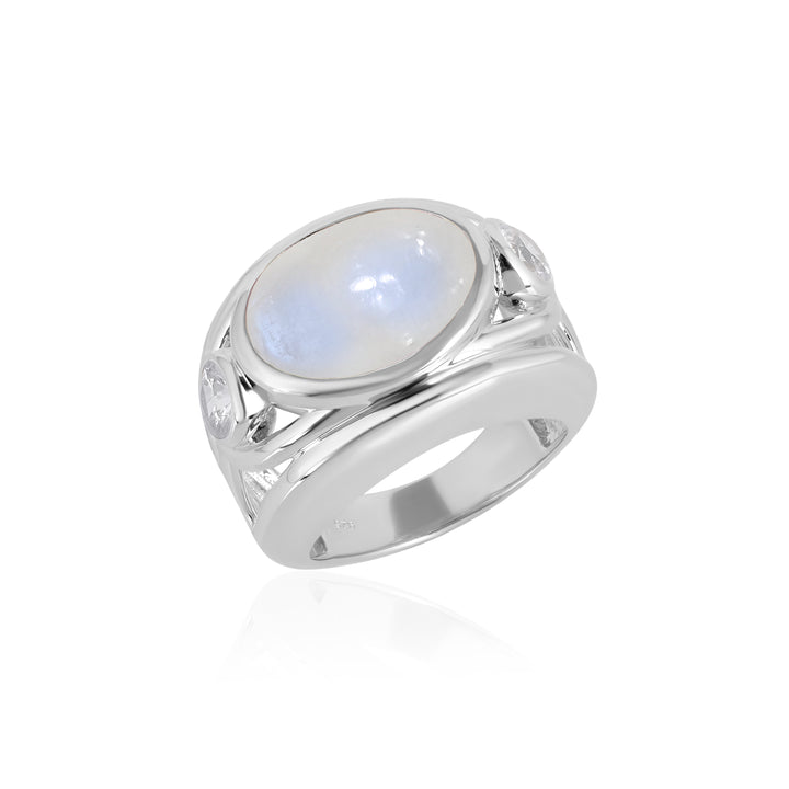 Rainbow Moonstone and White Zircon Silver Ring