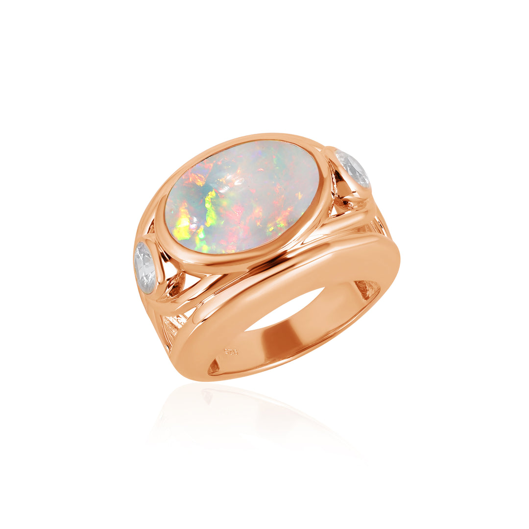 Ethiopian Opal and White Zircon Silver Ring