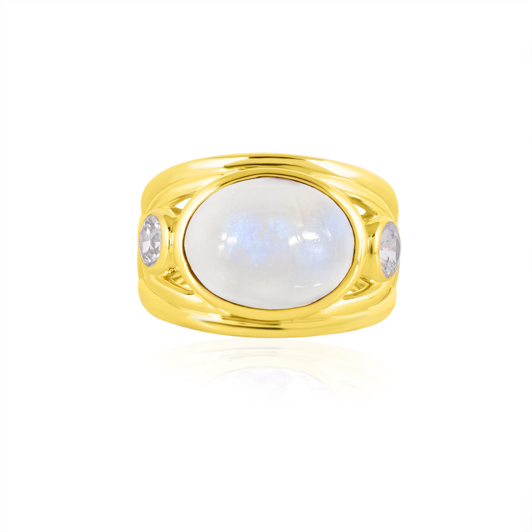 Rainbow Moonstone and White Zircon Silver Ring