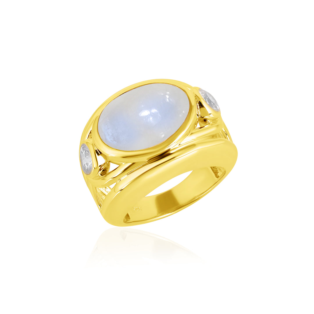 Rainbow Moonstone and White Zircon Silver Ring