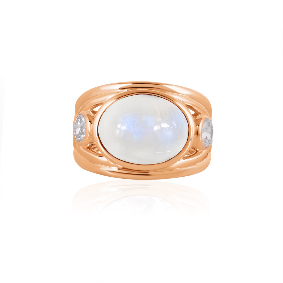 Rainbow Moonstone and White Zircon Silver Ring