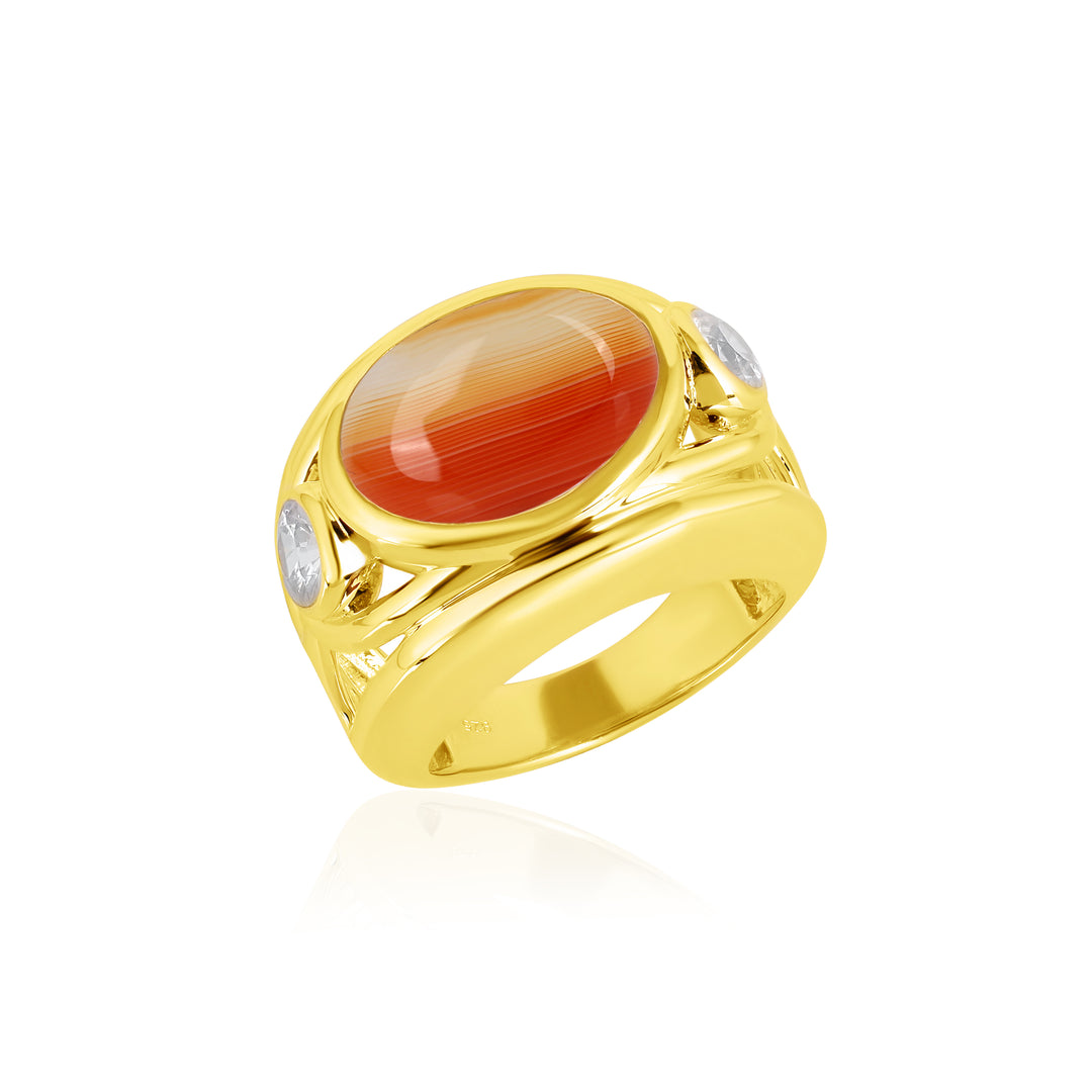 Orange Banded Agate and Zircon Silver Ring