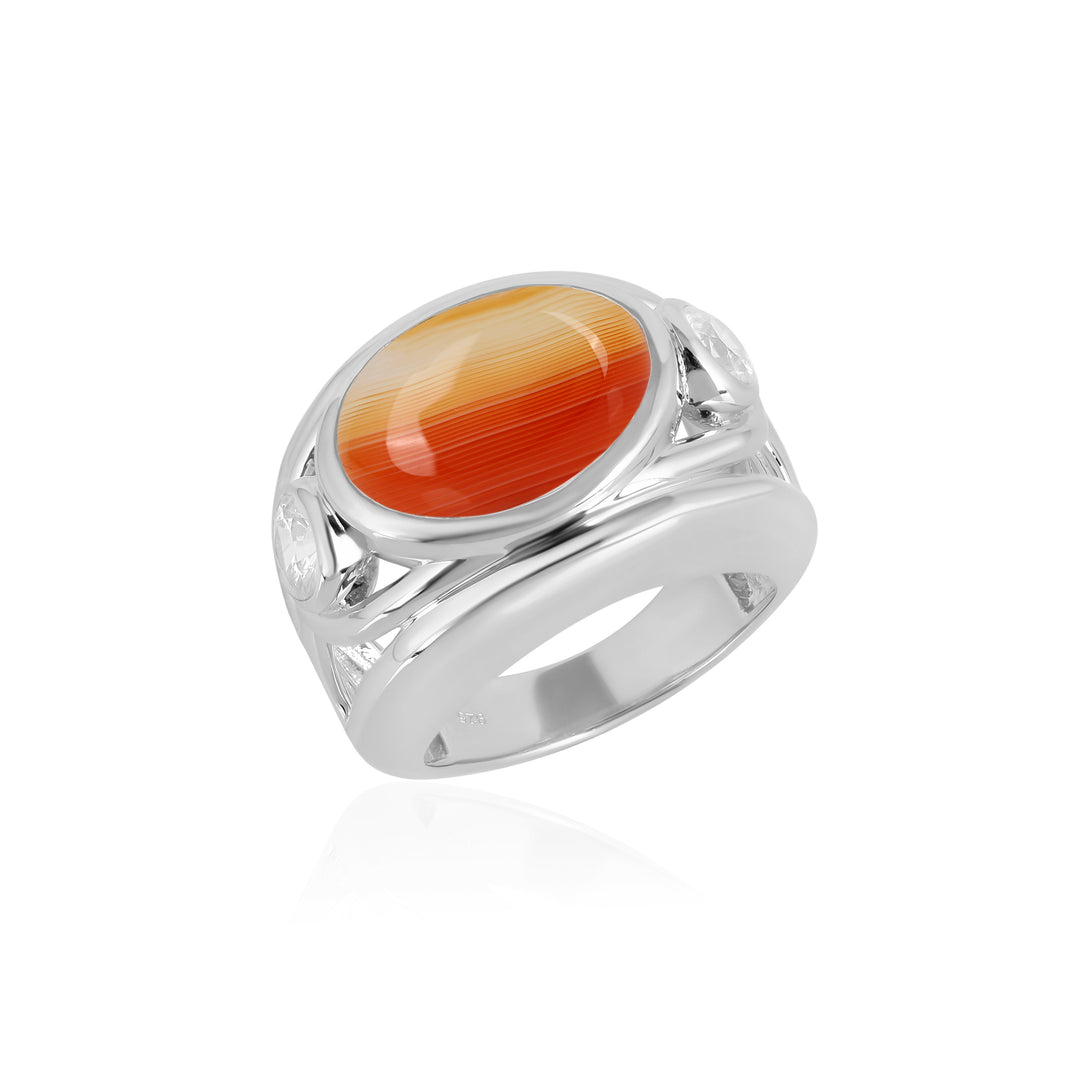 Orange Banded Agate and Zircon Silver Ring