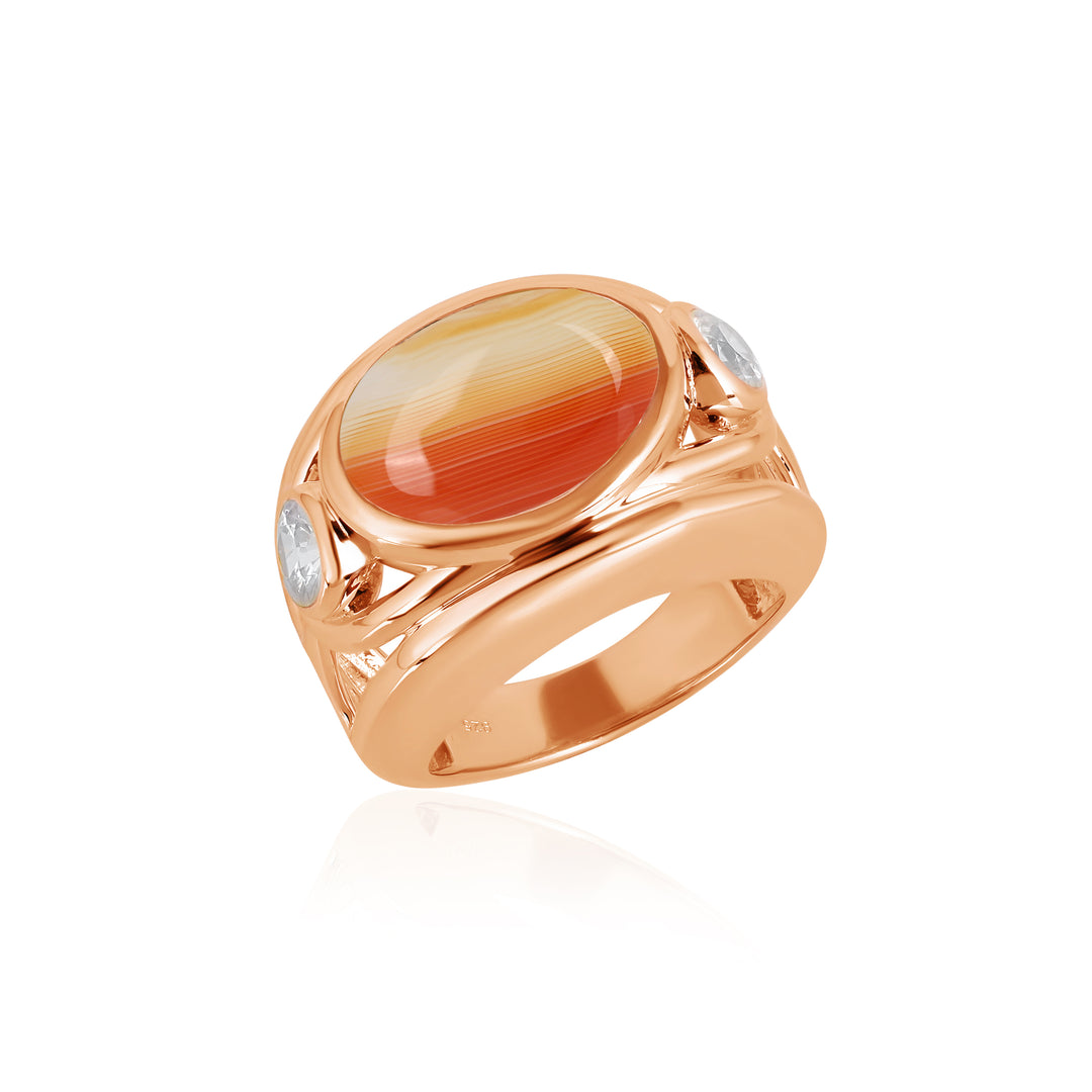 Orange Banded Agate and Zircon Silver Ring