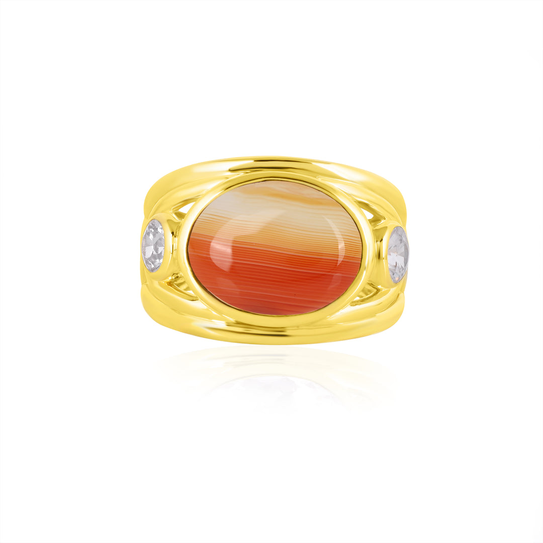 Orange Banded Agate and Zircon Silver Ring