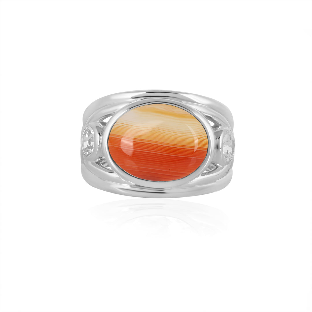 Orange Banded Agate and Zircon Silver Ring