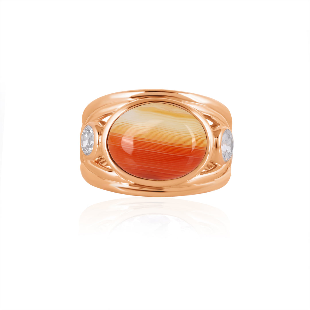 Orange Banded Agate and Zircon Silver Ring