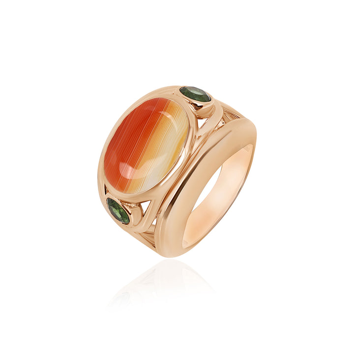 Orange Banded Agate and Green Tourmaline Silver Ring