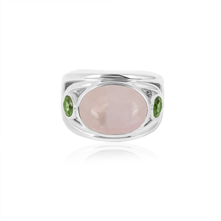 Rose Quartz and Green Tourmaline Silver Ring