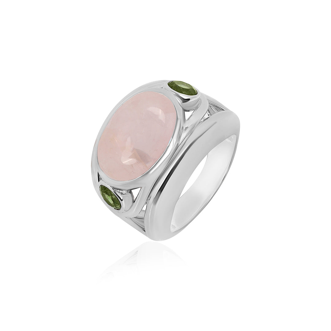 Rose Quartz and Green Tourmaline Silver Ring