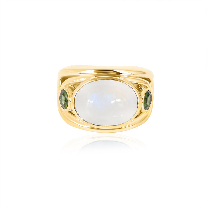 Rainbow Moonstone and Green Tourmaline Silver Ring