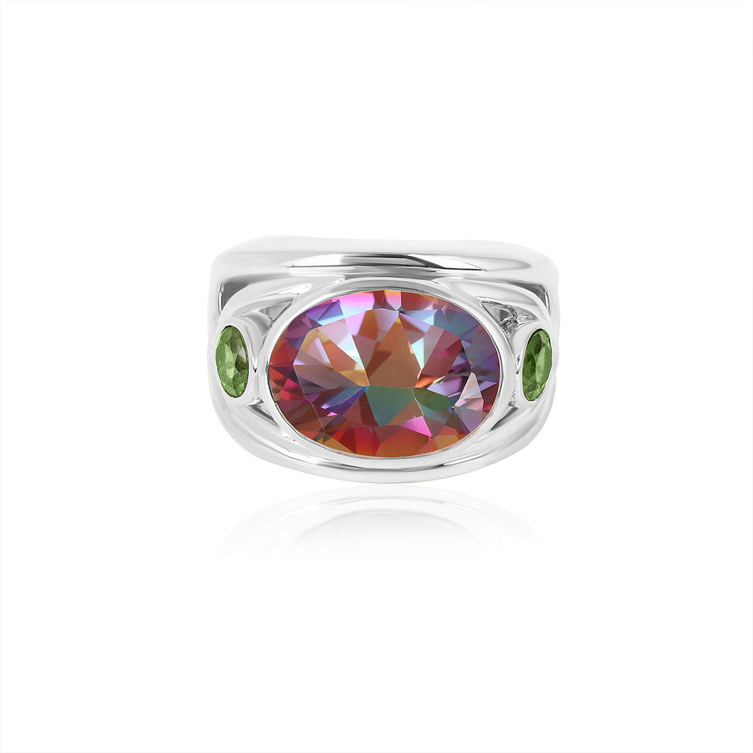 Mystic Quartz and Green Tourmaline Silver Ring