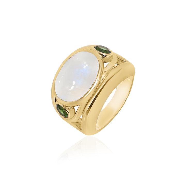 Rainbow Moonstone and Green Tourmaline Silver Ring