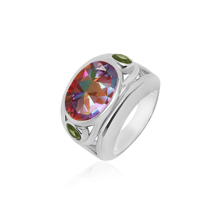 Mystic Quartz and Green Tourmaline Silver Ring